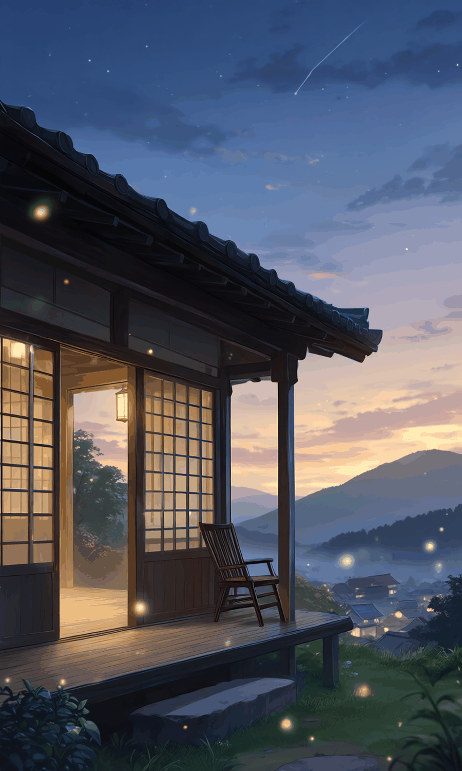 山あいに佇む、灯りのともった宿のイラスト