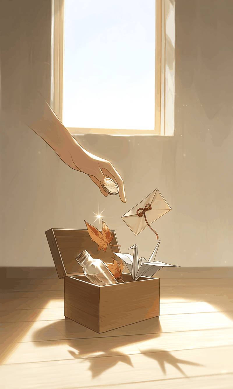 差し出された手が、木箱にそっと何かを手渡すイラスト